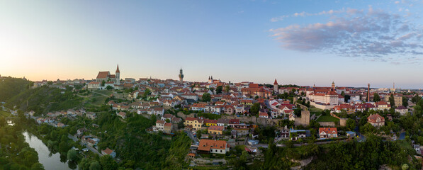 Wall Mural - Aerial view of Znojmo walled medieval town in the winemaking region, St Nicolas  church, Rotunda, castle, renaissance town square