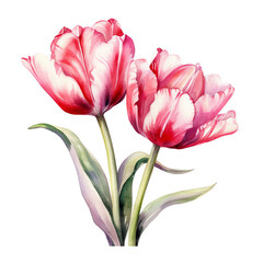 Poster - Colorful fresh red tulip with green leaves - spring botanical art. Hand drawn watercolor painting illustration. Background- watercolor paper.