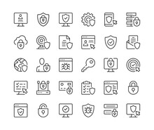 Internet Security Icons. Vector Line Icons Set. Data Protection, Cybersecurity, Secure Technology, Computer Privacy Concepts. Black Outline Stroke Symbols