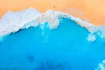 Wall Mural - an aerial view of the people on the beach. coast as a background from top view. waves and beach. sea