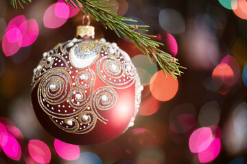 Aufkleber - Christmas tree decorated red ball toy, Fir branch with balls and festive lights on the Christmas background with sparkles and bokeh