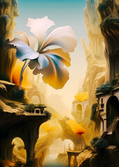 Wall Mural - Virtual futuristic concept. Idea of a fantasy street. Fairytale. Unusual architecture, fictional world. A large exotic white flower. Pastel colors. Apricot details. Relief rock made of white marble.