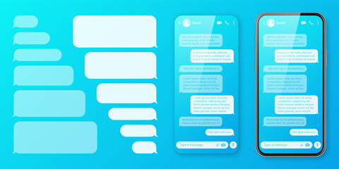 Realistic smartphone with messaging app on colorful blue background. Blank SMS text frame. Chat screen with transparent message bubbles. Social media application. Vector illustration