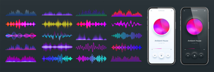 Wall Mural - Online audio player user interface, smartphone app UI design. Music, media streaming and listening platform. Responsive mobile application. Neumorphism. Various sound waves. Vector illustration