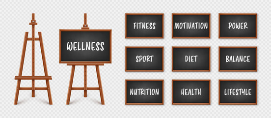 Wall Mural - Black chalkboard on wooden easel. Blackboard in wooden frame on a tripod. Presentation board with text, writing or drawing surface. Wellness, healthy lifestyle and motivation. Vector illustration