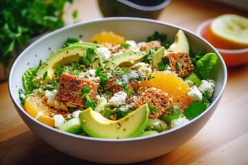 Poster - quinoa and citrus salad with avocado, freshness and healthy eating. balanced meals, as well as for those who appreciate bright and juicy flavors