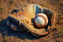 Ball And Mitt Laying On A Dirt Field. Possibly For Baseball Or Softball, Typical Shape Used For Hand Protection During Gameplay