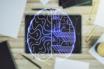 Wall Mural - creative artificial intelligence concept with human brain hologram and modern digital tablet on back