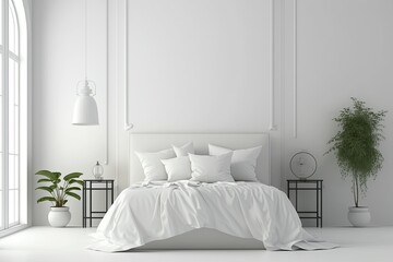 Poster - minimalistic white bedroom with a cozy bed and a potted plant. Generative AI