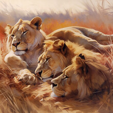 Family Of Sleeping Lions In Savannah. Lion Pride Is Resting..
