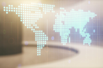Wall Mural - multi exposure of abstract creative digital world map hologram on empty corporate office background,
