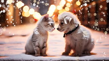   Adorable Kitty Cat And Puppy Dog On Snowy Christmas City Evening  Street Festive Winter Holiday Background ,generated Ai