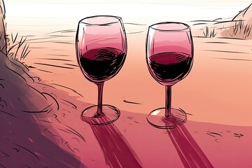 Sticker - two glasses of wine on a sandy beach with a beautiful sunset in the background. Generative AI