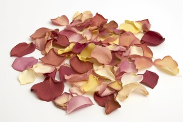 Canvas Print - colorful pile of flower petals on a white background. Generative AI