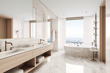 Canvas Print - luxurious bathroom with a spacious marble bathtub and a large window. Generative AI