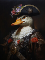 Wall Mural - An Oil Painting Portrait of a Duck Dressed Up as a Pirate | Generative AI
