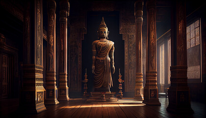 A serene and peaceful image of a Buddha statue in a cross-legged meditation pose, Created using AI