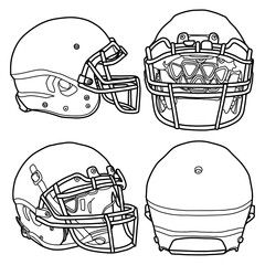 Template vector helmet football team line art, suitable for your custom helmet football team, outline vector doodle illustration,  front, back, and side view, isolated with white background. editable.