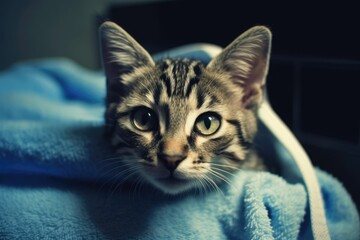 Sticker - cute kitten sitting on a cozy blue blanket. Generative AI