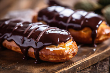 Glazed chocolate eclairs on rustic wooden table, close up