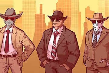 Sticker - three businessmen standing in front of a modern city skyline. Generative AI