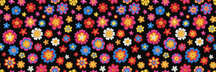 Vector groovy floral seamless pattern. Contemporary fun psychedelic daisies background. Trippy simple naive daisy flowers repeat texture. Boho style childish seamless banner backdrop