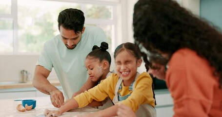 Wall Mural - Learning, kitchen and parents baking with their children for child development in their house. Happy, love and young mother and father teaching their girl kids to cook dinner, supper or meal at home.