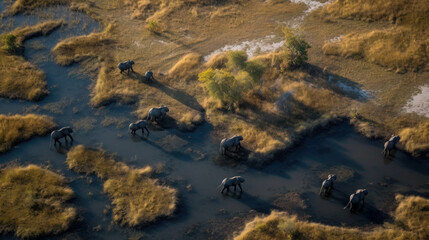 Wall Mural - drone shot of elephants walking through a steppe with a river in africa. Generative AI