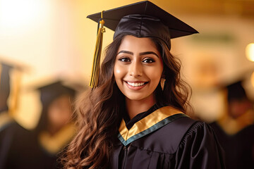 Happy beautiful Indian graduate student wearing cap and gown