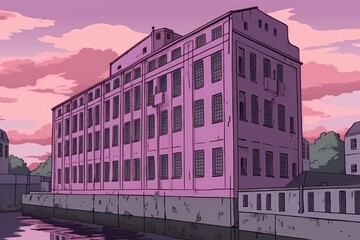 Sticker - Pink Building by the Waterfron. Generative AI