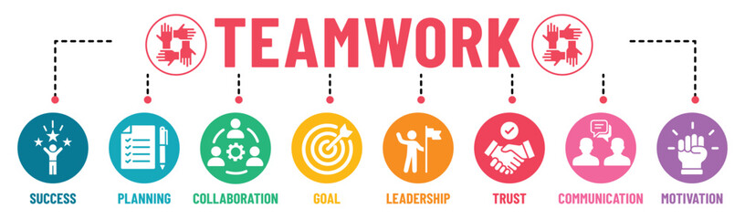 Teamwork infographic banner icons set. Business team, collaboration, teamwork, team management, discussion, interaction and solution. Vector illustration.