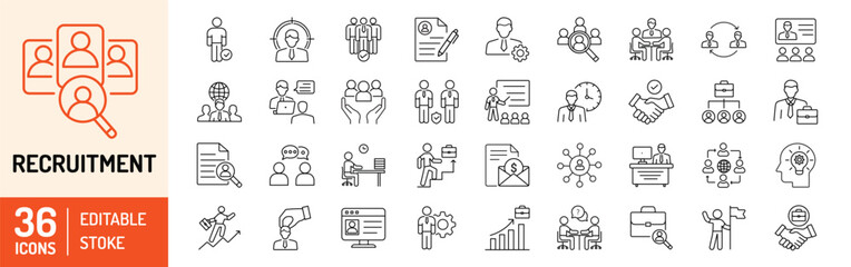 Recruitment editable stroke outline icons set. Headhunting, candidate, employee career, resume, job hiring and human resource. Vector illustration