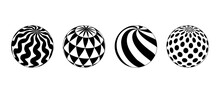 Collection Of Spheres With Different Patterns. Striped, Dotted And Waved 3d Balls Set. Black And White Geometric Elements For Design Templates, Icons, Logo. Abstract Vector Globes Pack