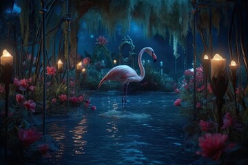 Poster - majestic flamingo wading in calm waters