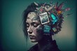 Portrait of woman with mind in turmoil. Digital overload concept. Surrealism painting.