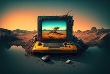 Computer On Barren Landscape With Screen Showing Tree Growth