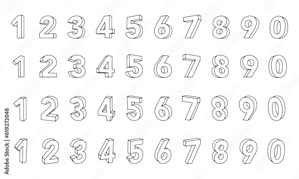 立体的な数字のアイコンセット　輪郭線