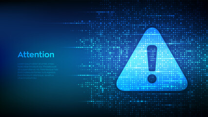 Attention symbol made with binary code. Danger Sign. Virus Alert. Digital binary data and streaming digital code background. Computer Hacked Error Concept. Hacking Piracy Risk. Vector Illustration.