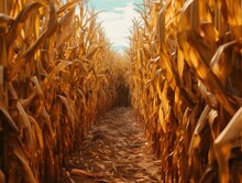 Inside A Golden Corn Maze In An Agricultural Crop Field During Sunset Or Sunrise, Generative Ai