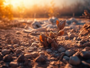 the result of climate change, dry dessert, broken soil, dying plants, generative ai