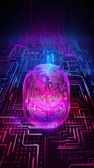 Wall Mural - Futuristic fingerprint neon illustration photo cyber security technology concept protecting data security and privacy purple color created with Generative AI Technology