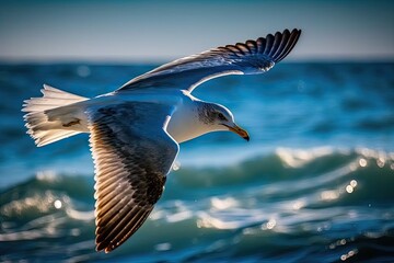 Wall Mural - seagull in flight over a serene body of water. Generative AI