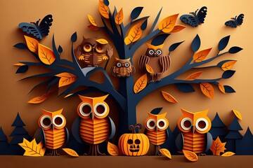 Sticker - group of owls perched on a tall tree branch. Generative AI