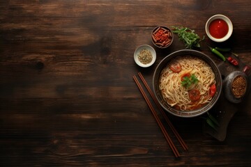 Wall Mural - Bowl of noodles and meat on a wooden table. Copy space.