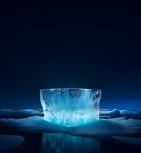 Arctic Iceberg Mountain Landscape Crystal Stand Product Display Platform On Water Glacier Advertisement Blue Ice Cold Cool Fresh Winter North Pole Frozen Snow Freeze Dark Sky Night. Generative Ai.