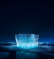 Arctic iceberg mountain landscape crystal stand product display platform on water glacier advertisement blue ice cold cool fresh winter north pole frozen snow freeze dark sky night. Generative Ai.