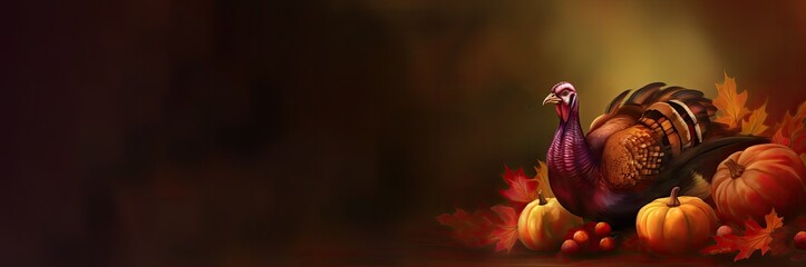 Thanksgiving day turkey banner, website asset with space for copy text, fall harvest with pumpkins, flowers and turkey painting graphic, Thanksgiving graphic background for web or advertising, AI