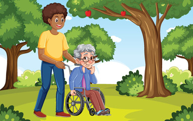 Wall Mural - Male caregiver with grandmother on a wheelchair at the park