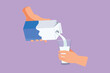 © onetime - Character flat drawing stylized hand holding carton of milk poured into glass. Hand hold milk box and pour milk into glass. Splash of milk drop from carton box logo. Cartoon design vector illustration