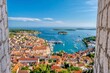 The picturesque Dalmatian coast resort town of Hvar, Croatia, viewed from the 13th century fortress on the hill above.